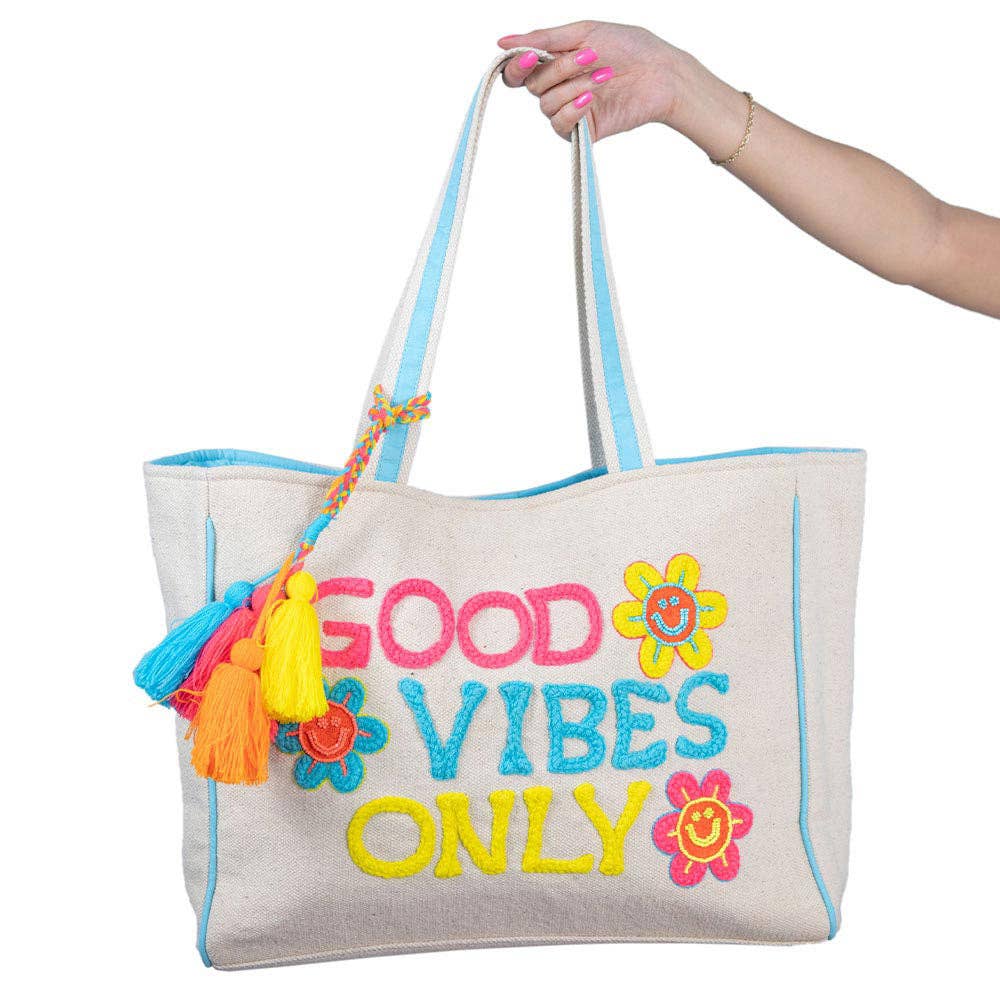 Good Vibes Only Happy Flowers Canvas Tote Bag Purse Beige Canvas