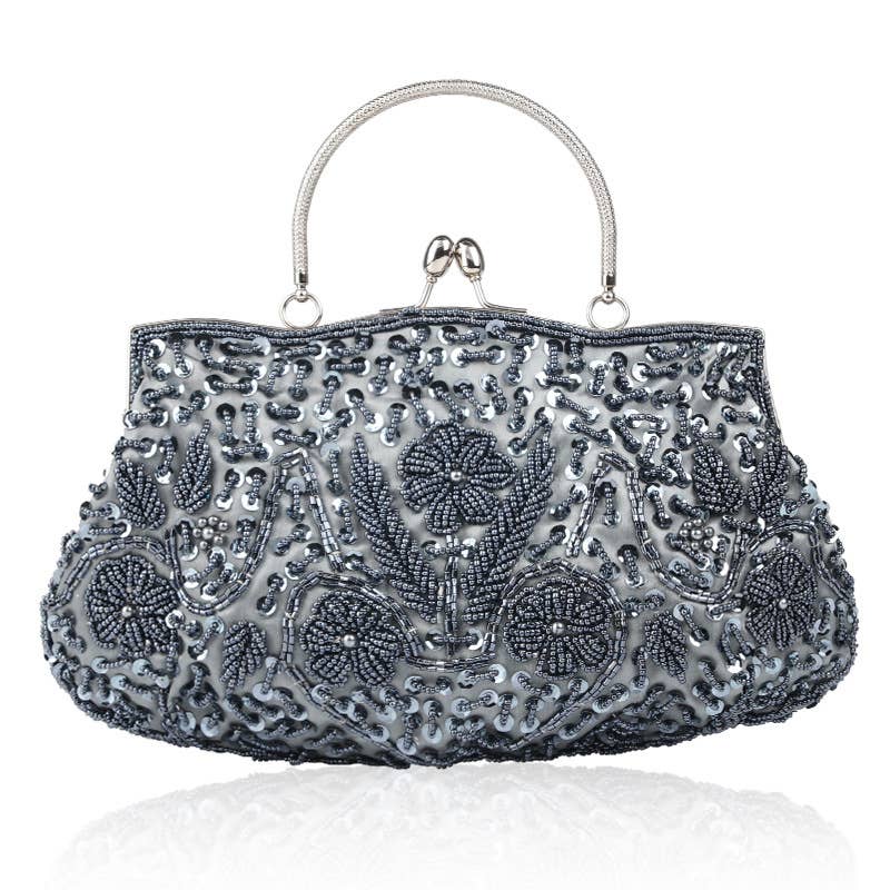 6029 vintage beaded clutch bag with handle Pewter